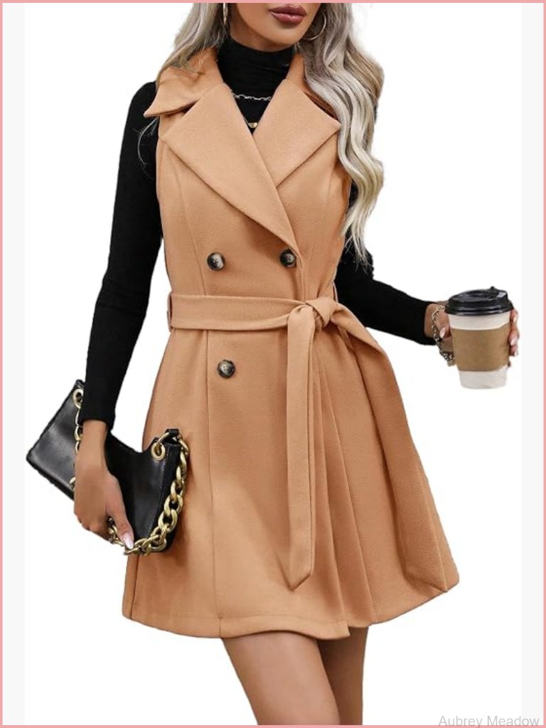 Long Wool Vest Sleeveless Blazer Jacket Double Breasted Trench Coat With Belt